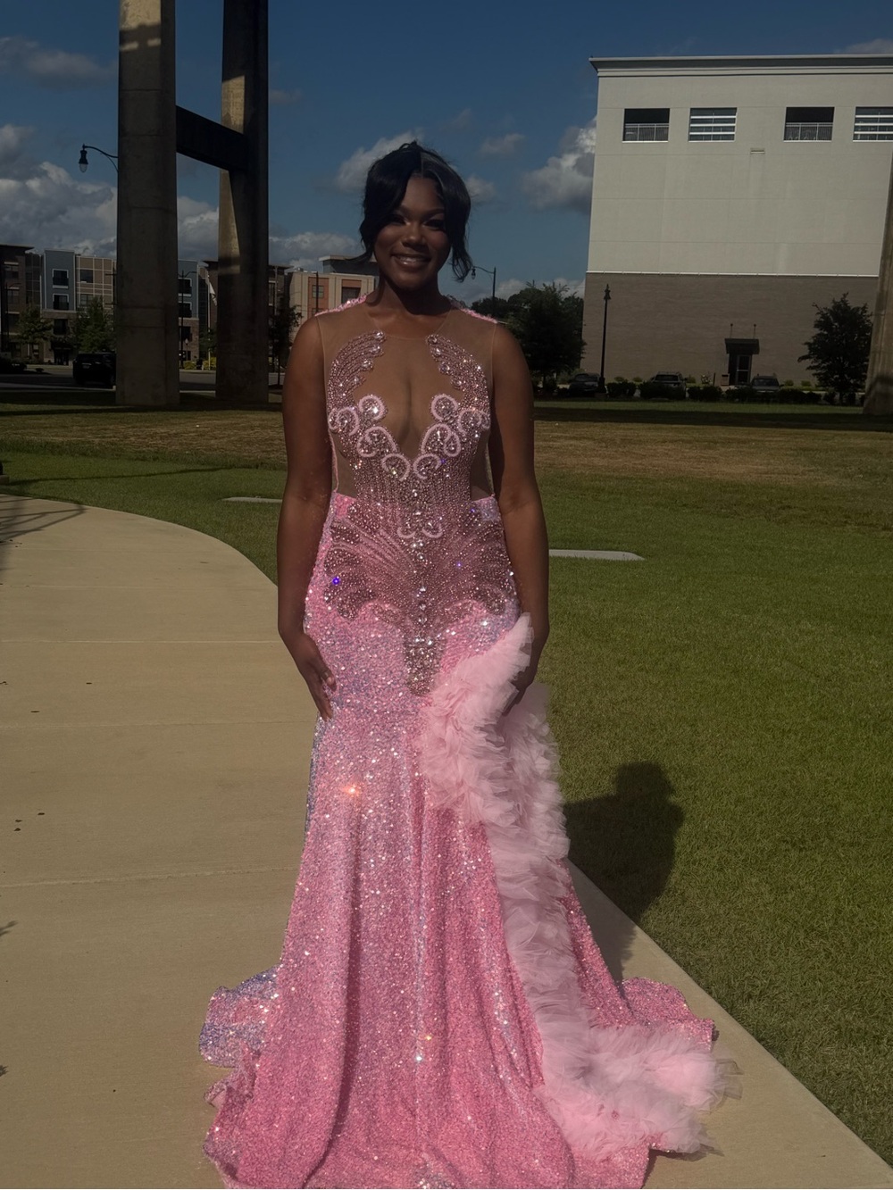 Pink Beaded Illusion Mermaid Prom Dress with Feather Trim